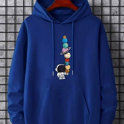 Men's Astronaut Moon Graphic Hoodie - Galactic Print Pullover with Pocket