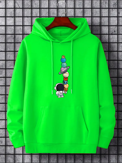 Men's Astronaut Moon Graphic Hoodie - Galactic Print Pullover with Pocket
