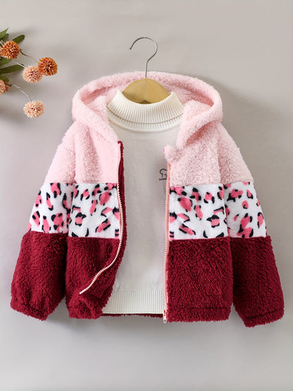Girls Leopard Print Hoodie - Warm Fleece-Lined Zip-Up Jacket for Fall Winter