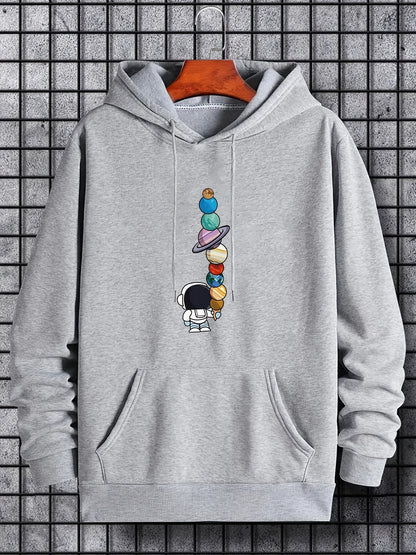 Men's Astronaut Moon Graphic Hoodie - Galactic Print Pullover with Pocket