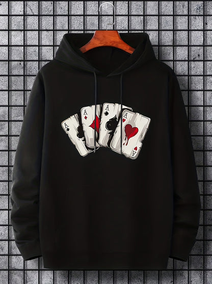Men's Ace Playing Card Graphic Hoodie - Casual Pullover with Kangaroo Pocket