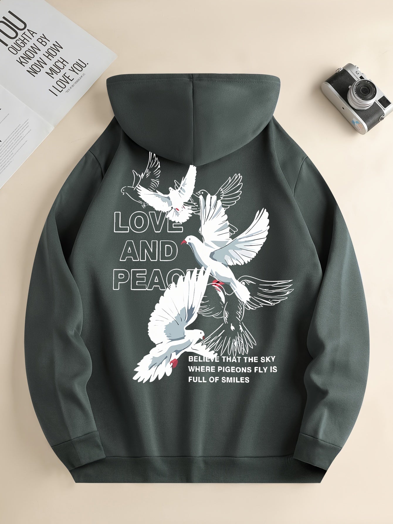Men's Love and Peace Graphic Hoodie - Casual Pullover with Kangaroo Pocket