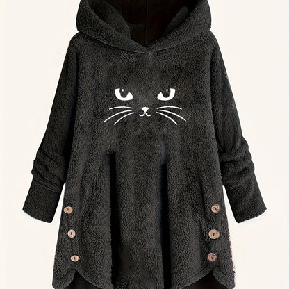 Cat Print Plush Hoodie for Women - Cozy Long Sleeve Button Sweatshirt