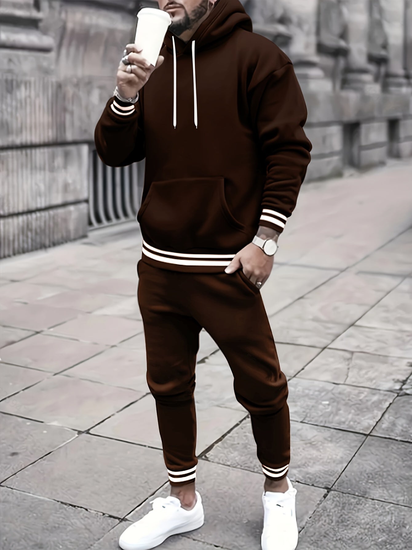 Men's Solid Color Tracksuit Set - Hoodie & Joggers with Pockets