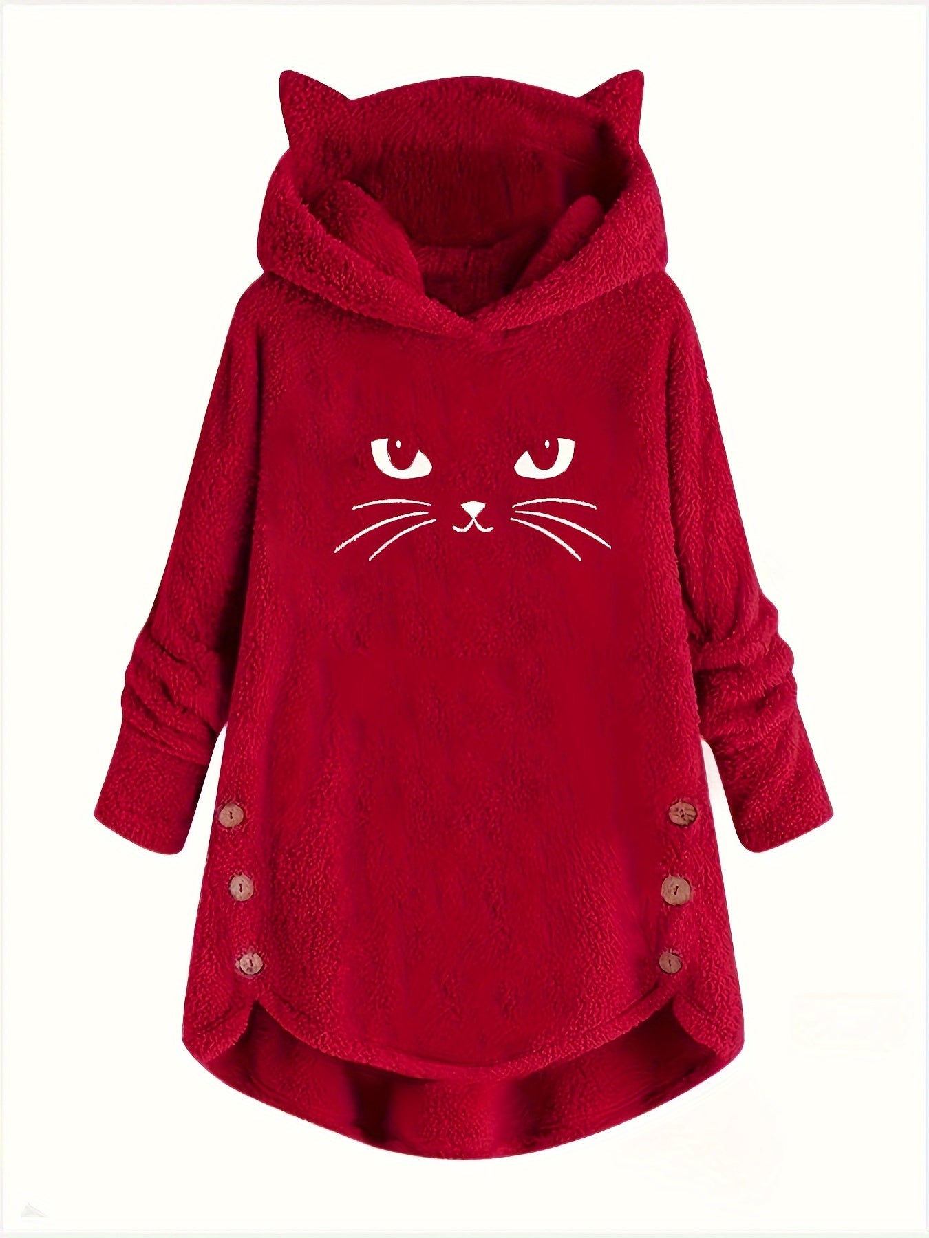 Cat Print Plush Hoodie for Women - Cozy Long Sleeve Button Sweatshirt