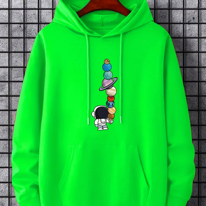 Men's Astronaut Moon Graphic Hoodie - Galactic Print Pullover with Pocket