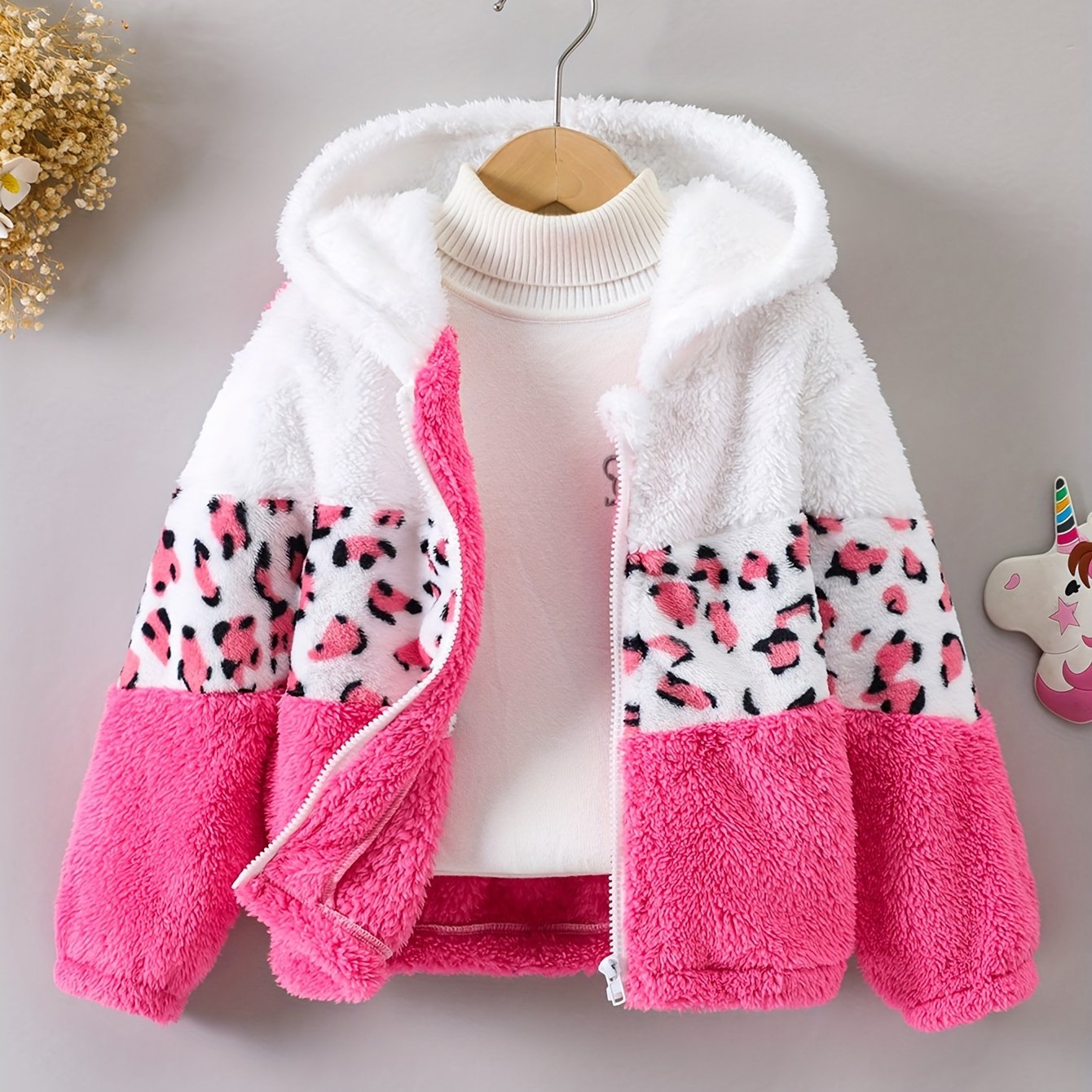 Girls Leopard Print Hoodie - Warm Fleece-Lined Zip-Up Jacket for Fall Winter