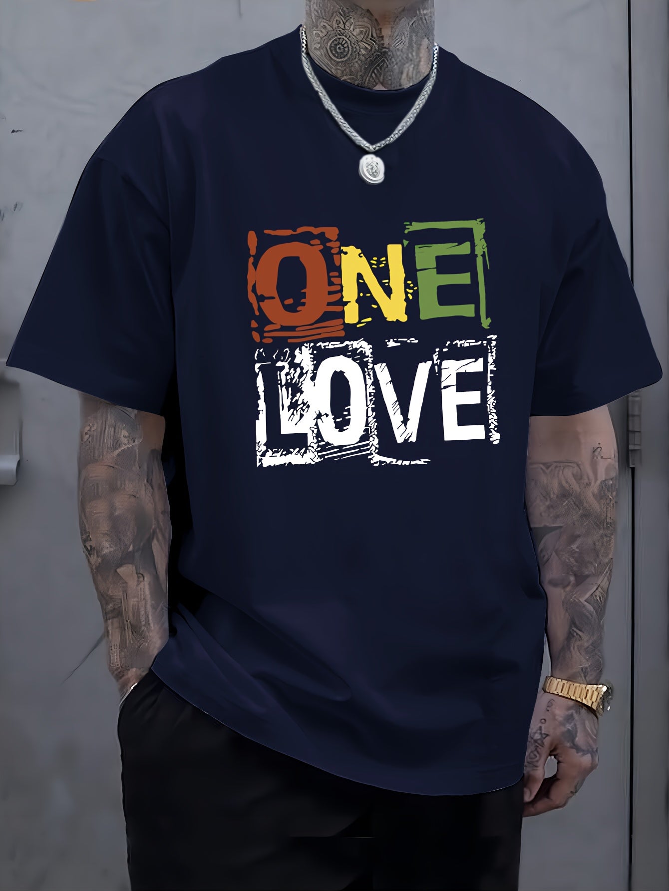 Men's One Love Letter Print T-Shirt - Casual Crew Neck Short Sleeve Tee