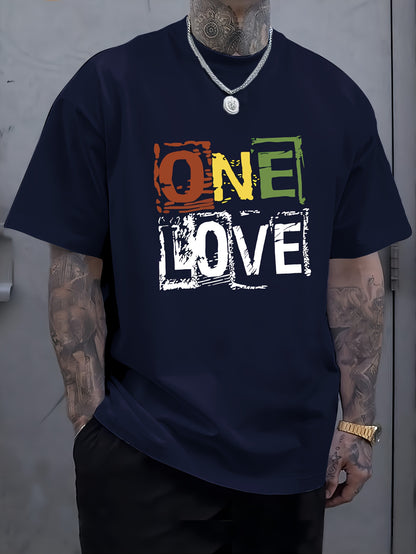 Men's One Love Letter Print T-Shirt - Casual Crew Neck Short Sleeve Tee