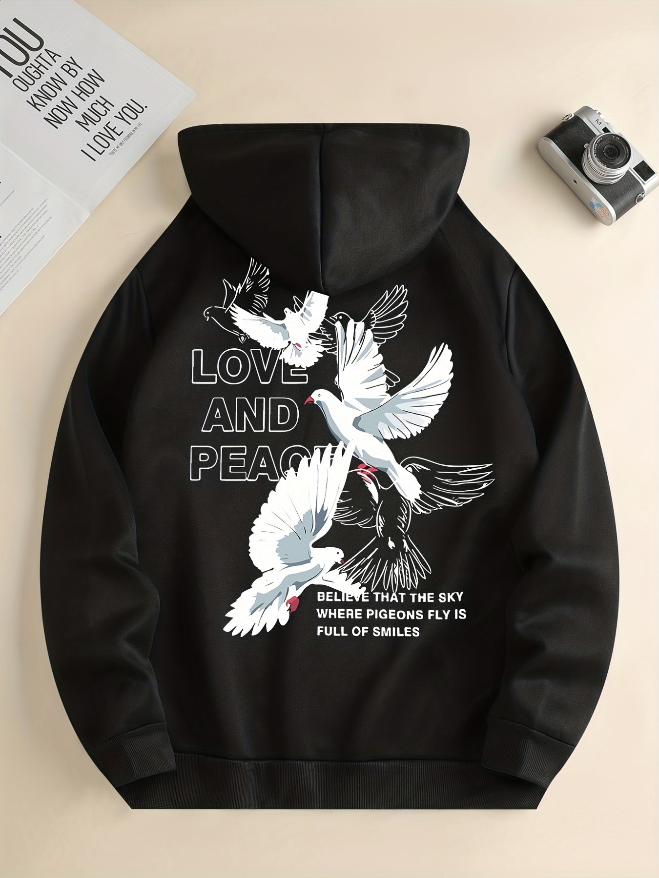 Men's Love and Peace Graphic Hoodie - Casual Pullover with Kangaroo Pocket