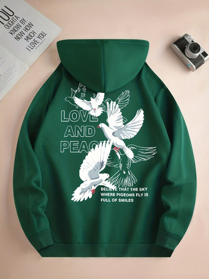 Men's Love and Peace Graphic Hoodie - Casual Pullover with Kangaroo Pocket