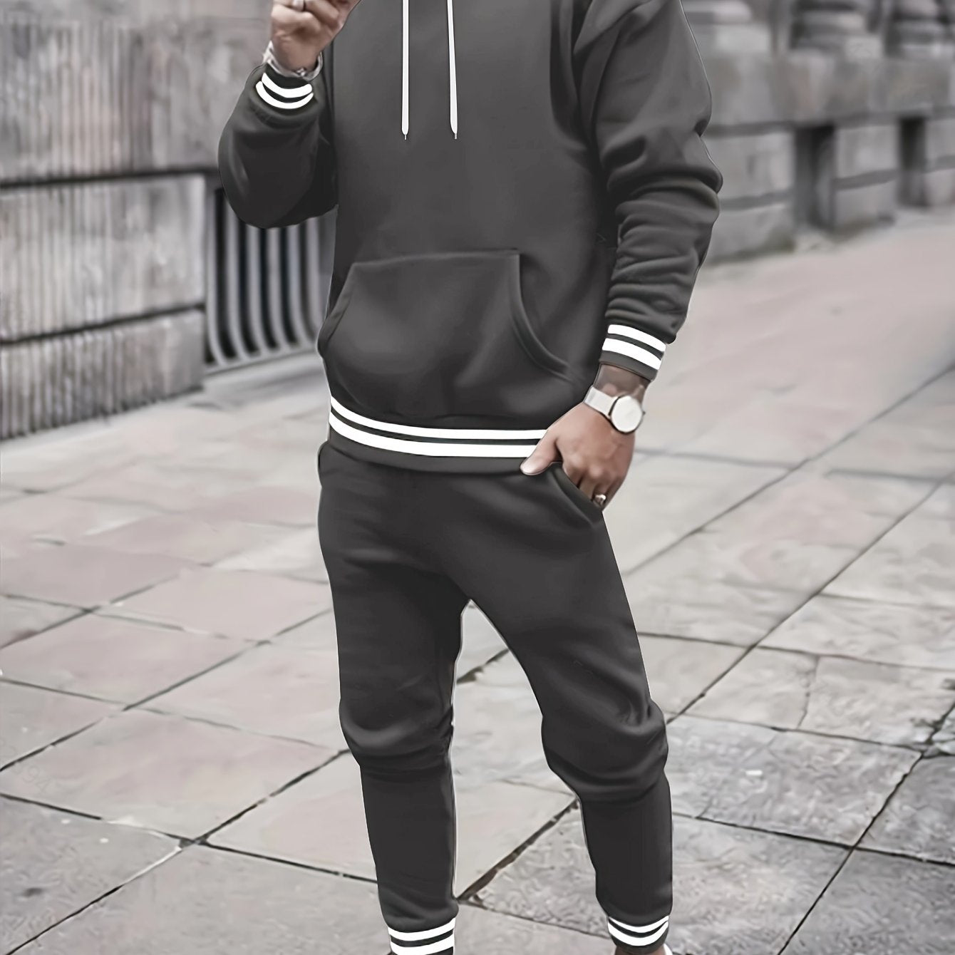 Men's Solid Color Tracksuit Set - Hoodie & Joggers with Pockets