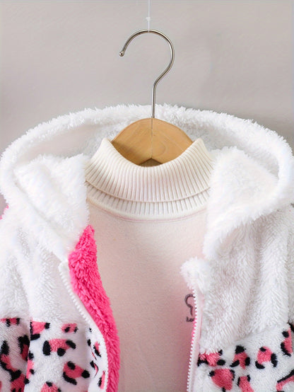 Girls Leopard Print Hoodie - Warm Fleece-Lined Zip-Up Jacket for Fall Winter