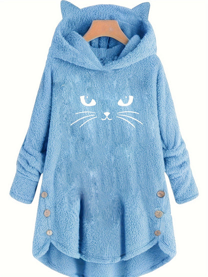 Cat Print Plush Hoodie for Women - Cozy Long Sleeve Button Sweatshirt