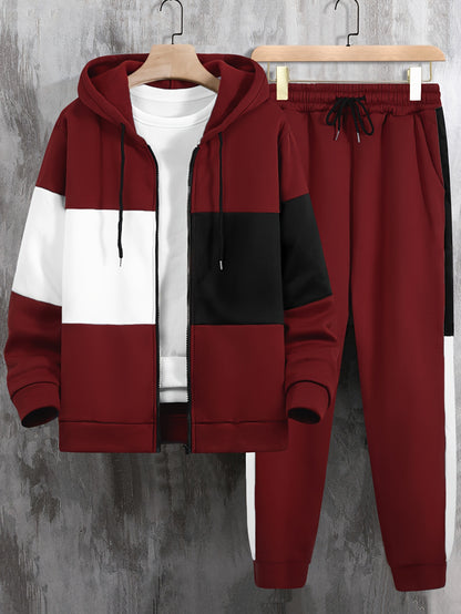 Men's Color Block Tracksuit Set - 2 Piece Full-Zip Hoodie & Joggers
