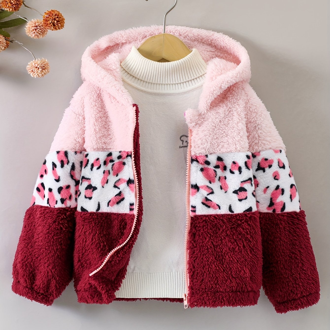 Girls Leopard Print Hoodie - Warm Fleece-Lined Zip-Up Jacket for Fall Winter