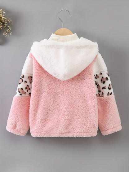 Girls Leopard Print Hoodie - Warm Fleece-Lined Zip-Up Jacket for Fall Winter