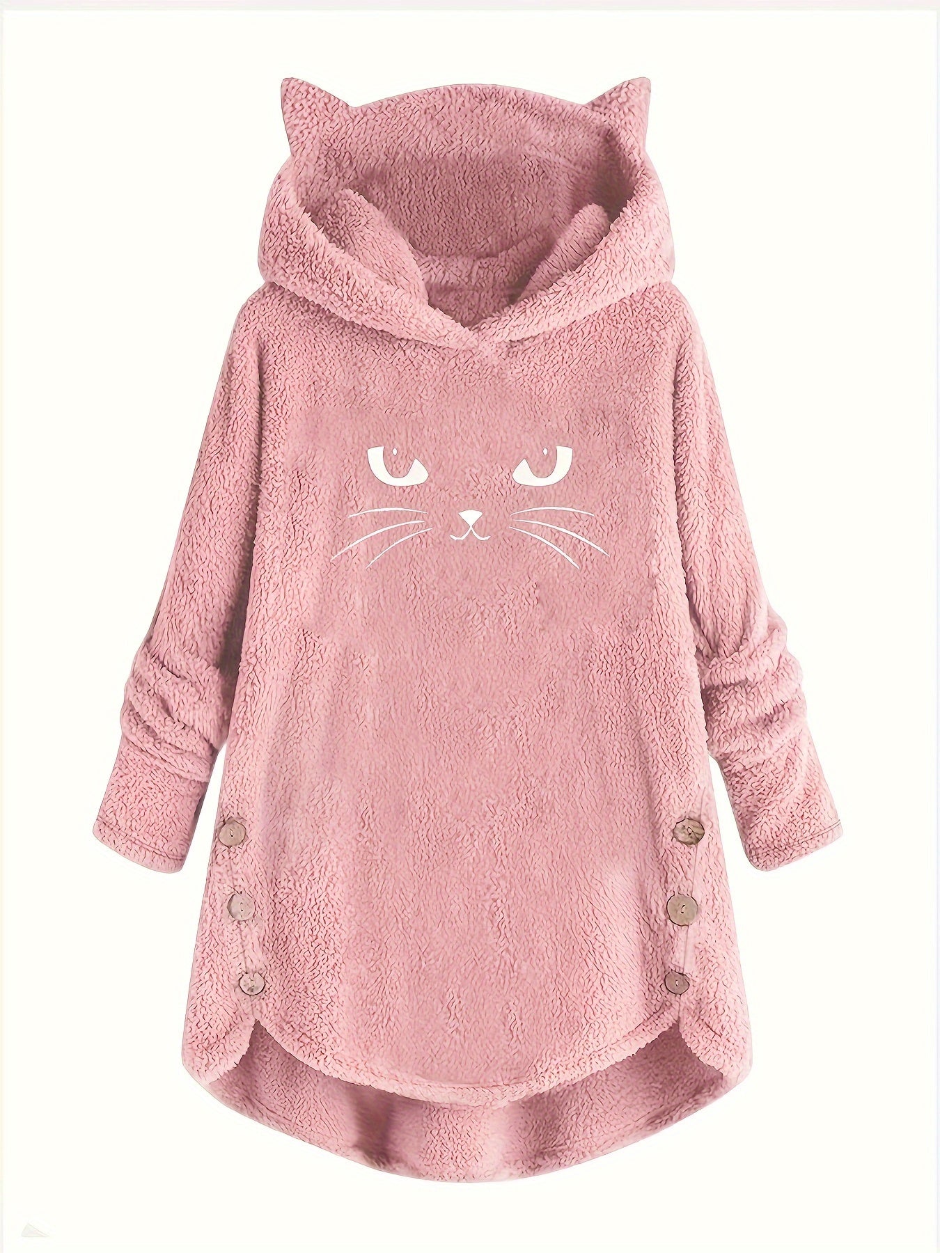 Cat Print Plush Hoodie for Women - Cozy Long Sleeve Button Sweatshirt