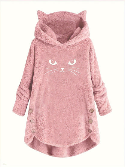 Cat Print Plush Hoodie for Women - Cozy Long Sleeve Button Sweatshirt