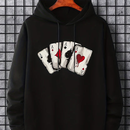 Men's Ace Playing Card Graphic Hoodie - Casual Pullover with Kangaroo Pocket