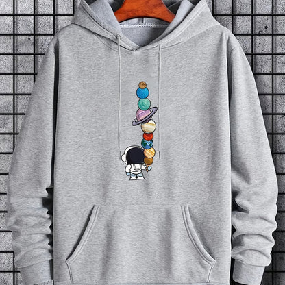 Men's Astronaut Moon Graphic Hoodie - Galactic Print Pullover with Pocket