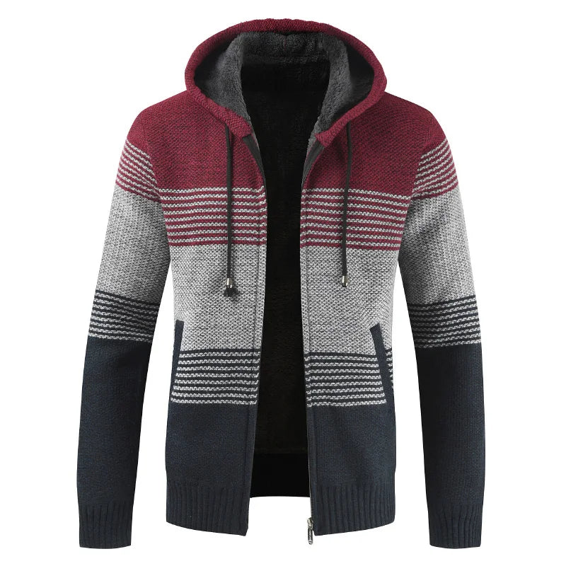Men's Winter Hooded Cardigan - Thick Warm Striped Wool Liner Zipper Sweater Coat - StylePicksBySei