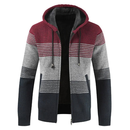 Men's Winter Hooded Cardigan - Thick Warm Striped Wool Liner Zipper Sweater Coat - StylePicksBySei