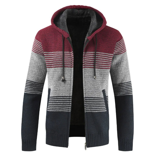 Men's Winter Hooded Cardigan - Thick Warm Striped Wool Liner Zipper Sweater Coat - StylePicksBySei