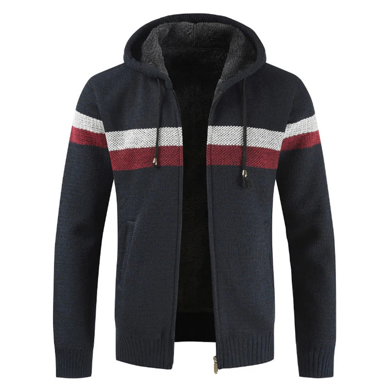 Men's Winter Hooded Cardigan - Thick Warm Striped Wool Liner Zipper Sweater Coat - StylePicksBySei