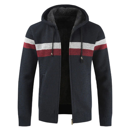 Men's Winter Hooded Cardigan - Thick Warm Striped Wool Liner Zipper Sweater Coat - StylePicksBySei