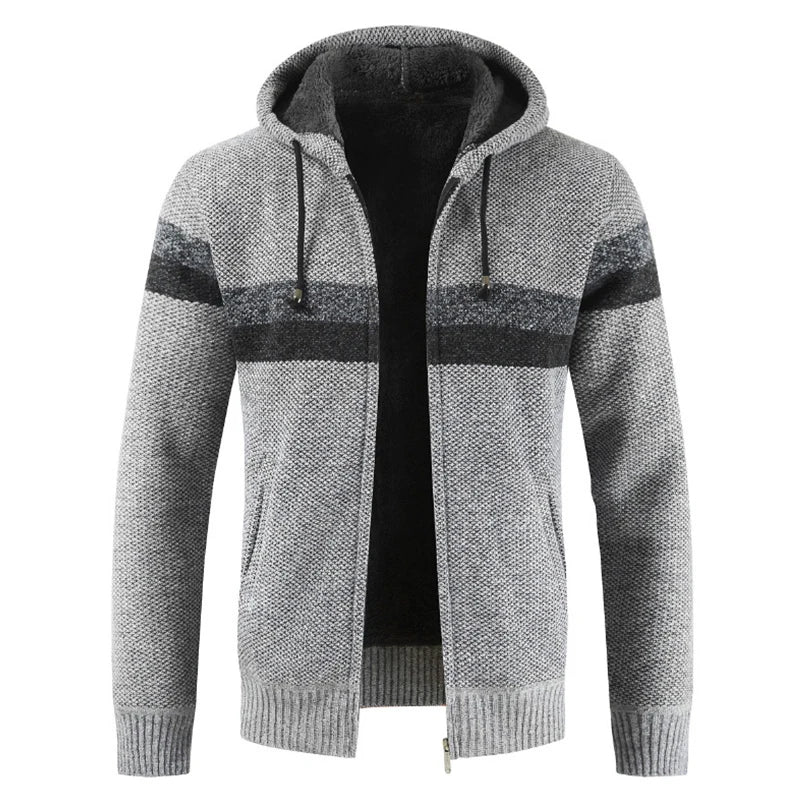 Men's Winter Hooded Cardigan - Thick Warm Striped Wool Liner Zipper Sweater Coat - StylePicksBySei