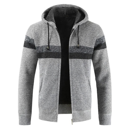 Men's Winter Hooded Cardigan - Thick Warm Striped Wool Liner Zipper Sweater Coat - StylePicksBySei