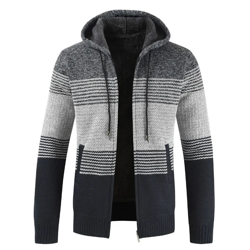 Men's Winter Hooded Cardigan - Thick Warm Striped Wool Liner Zipper Sweater Coat - StylePicksBySei