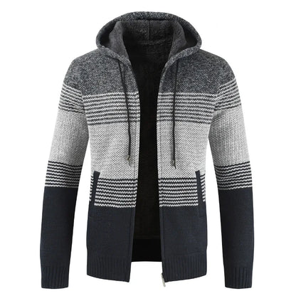 Men's Winter Hooded Cardigan - Thick Warm Striped Wool Liner Zipper Sweater Coat - StylePicksBySei
