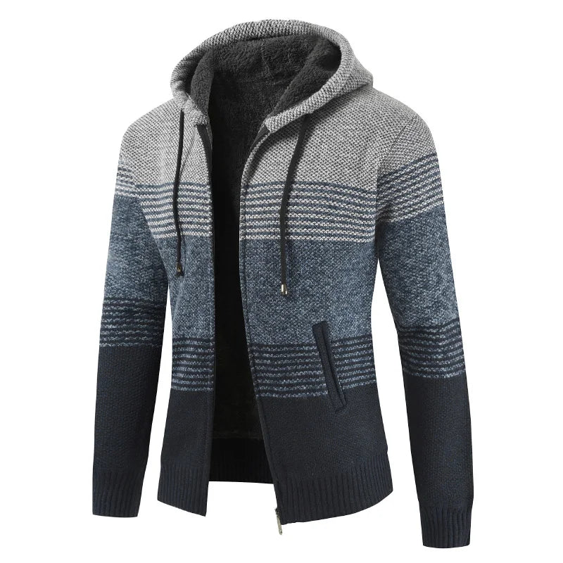 Men's Winter Hooded Cardigan - Thick Warm Striped Wool Liner Zipper Sweater Coat - StylePicksBySei