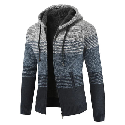 Men's Winter Hooded Cardigan - Thick Warm Striped Wool Liner Zipper Sweater Coat - StylePicksBySei