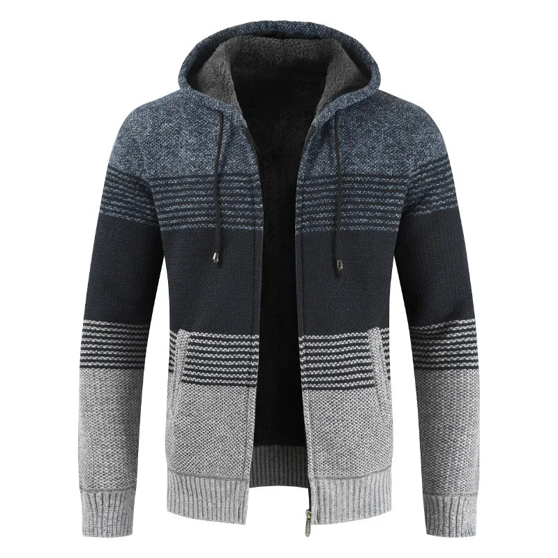 Men's Winter Hooded Cardigan - Thick Warm Striped Wool Liner Zipper Sweater Coat - StylePicksBySei