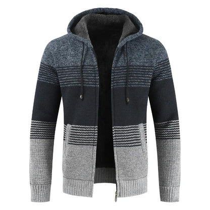 Men's Winter Hooded Cardigan - Thick Warm Striped Wool Liner Zipper Sweater Coat - StylePicksBySei