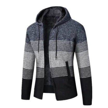 Men's Winter Hooded Cardigan - Thick Warm Striped Wool Liner Zipper Sweater Coat - StylePicksBySei