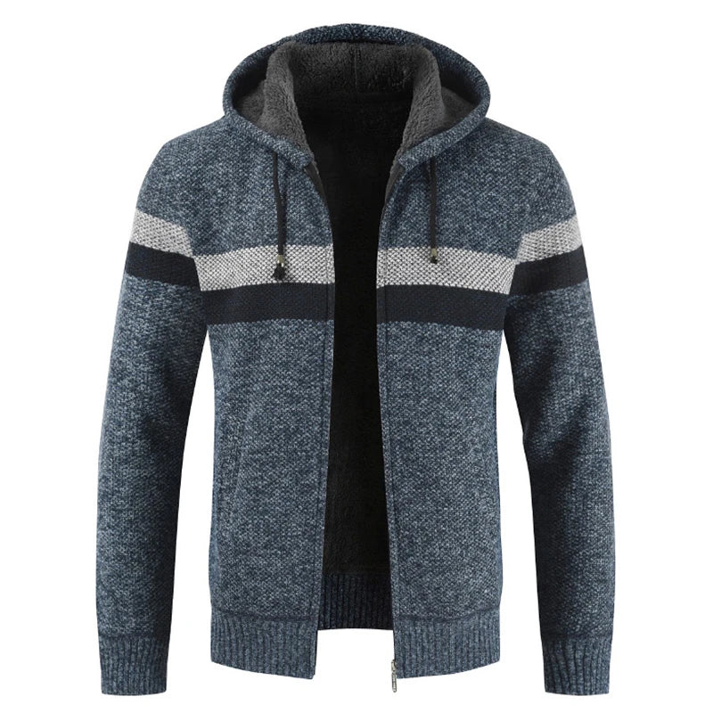 Men's Winter Hooded Cardigan - Thick Warm Striped Wool Liner Zipper Sweater Coat - StylePicksBySei