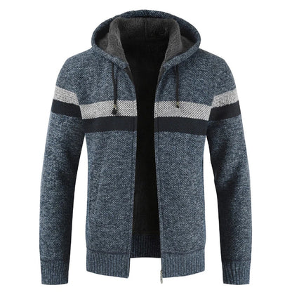 Men's Winter Hooded Cardigan - Thick Warm Striped Wool Liner Zipper Sweater Coat - StylePicksBySei