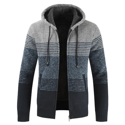 Men's Winter Hooded Cardigan - Thick Warm Striped Wool Liner Zipper Sweater Coat - StylePicksBySei