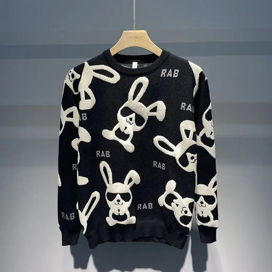 Men's Rabbit Print Knitted Sweater - Casual Round Neck Pullover - StylePicksBySei