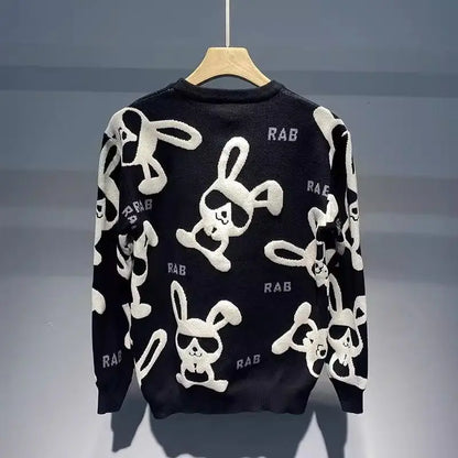 Men's Rabbit Print Knitted Sweater - Casual Round Neck Pullover - StylePicksBySei