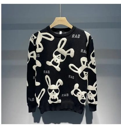 Men's Rabbit Print Knitted Sweater - Casual Round Neck Pullover - StylePicksBySei