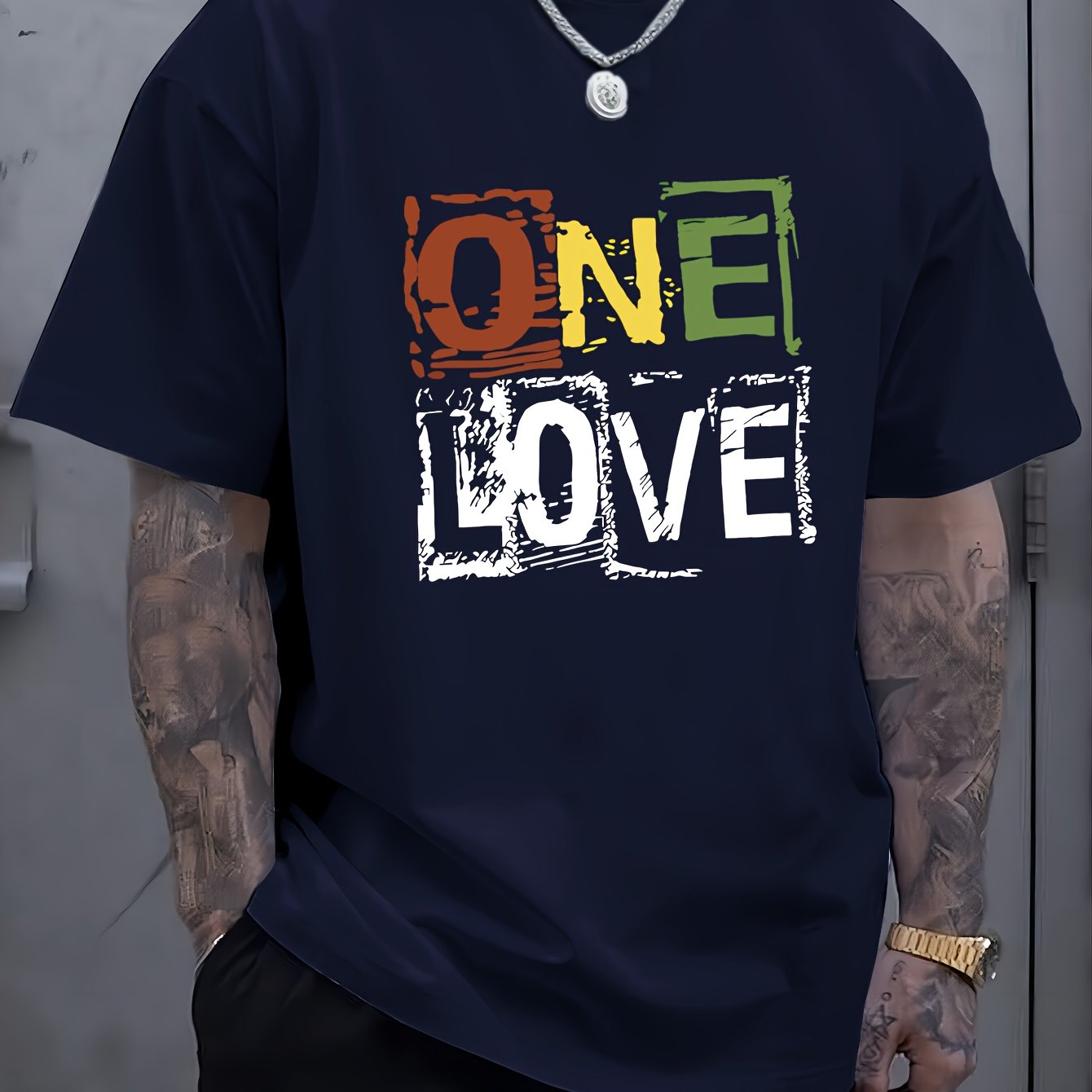Men's One Love Letter Print T-Shirt - Casual Crew Neck Short Sleeve Tee