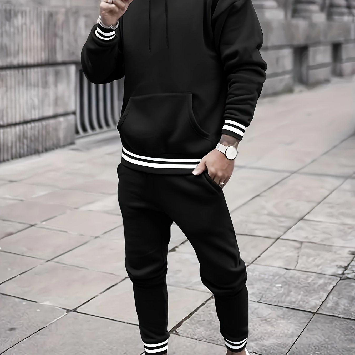Men's Solid Color Tracksuit Set - Hoodie & Joggers with Pockets