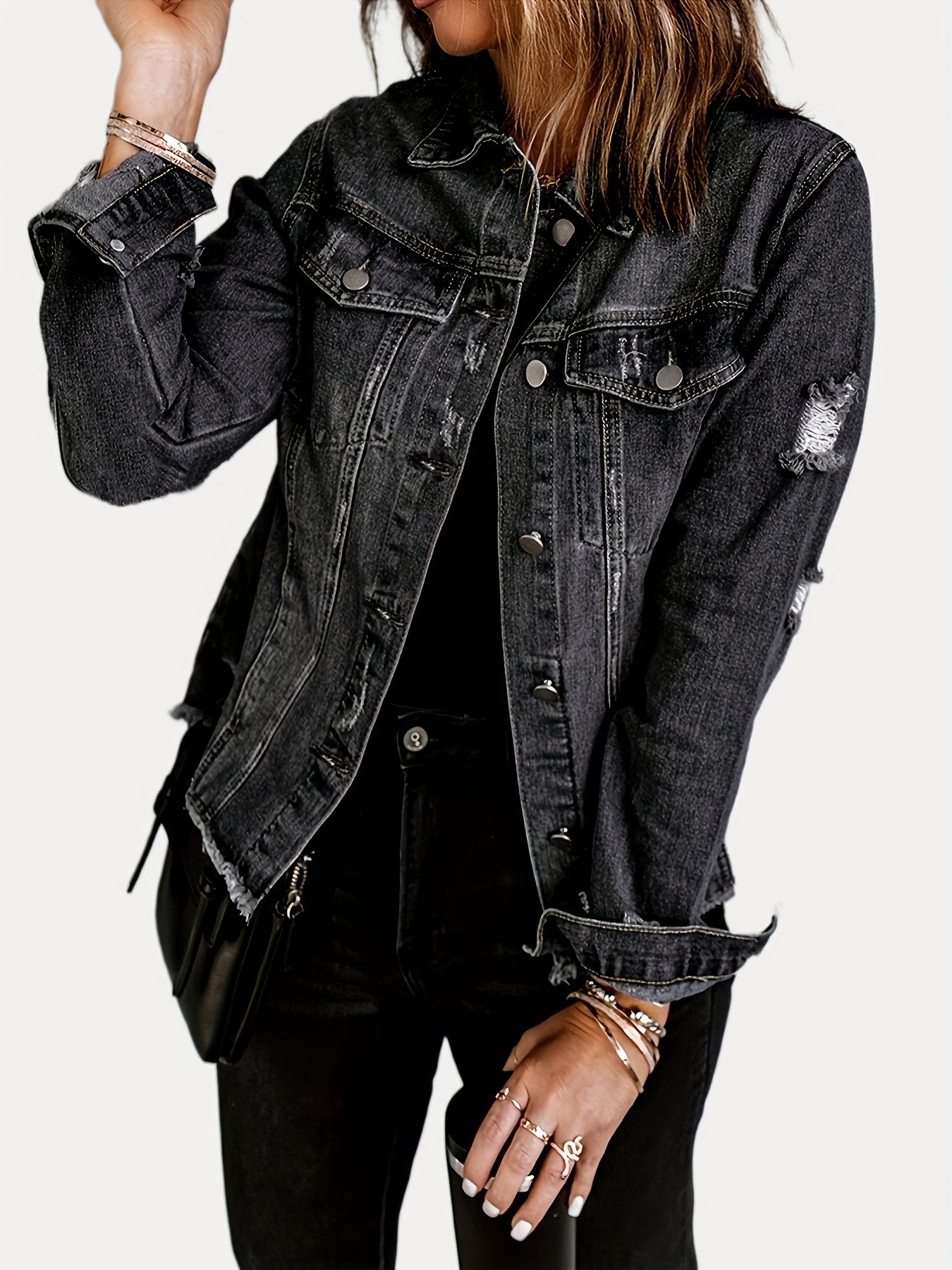 Black Ripped Denim Jacket - Long Sleeve Raw Hem Button Coat with Flap Pockets for Women