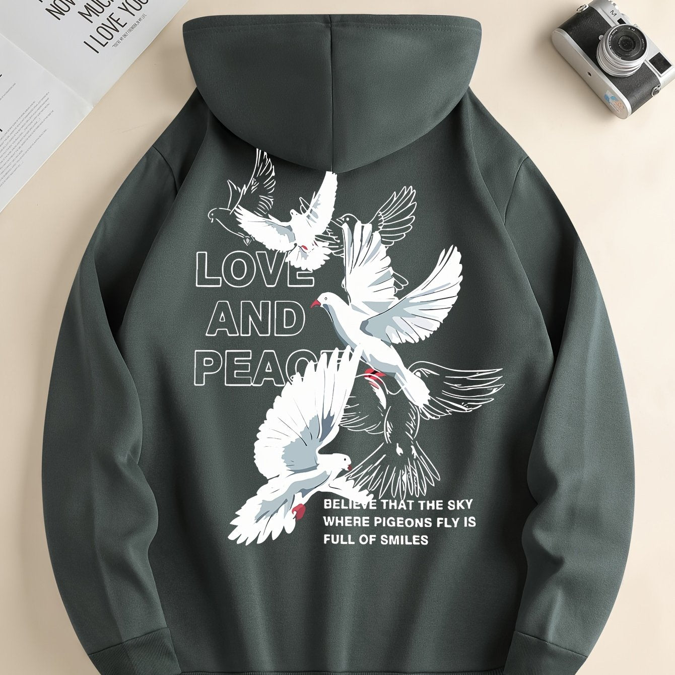 Men's Love and Peace Graphic Hoodie - Casual Pullover with Kangaroo Pocket