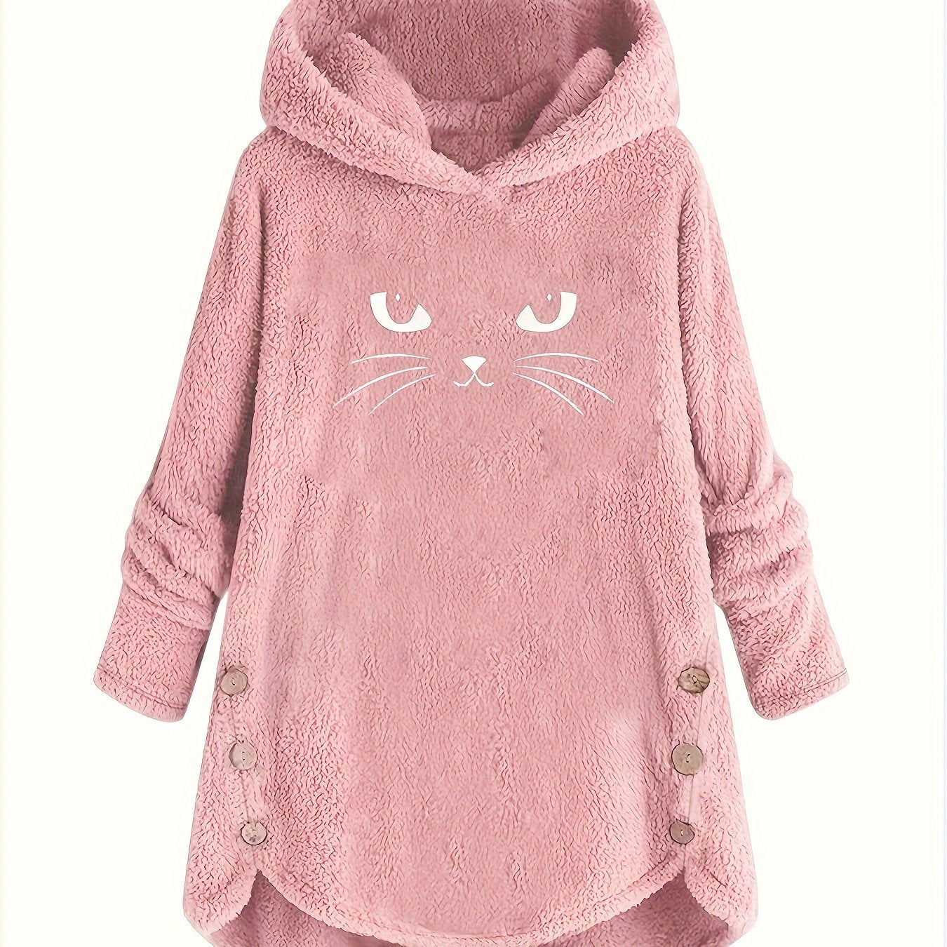 Cat Print Plush Hoodie for Women - Cozy Long Sleeve Button Sweatshirt